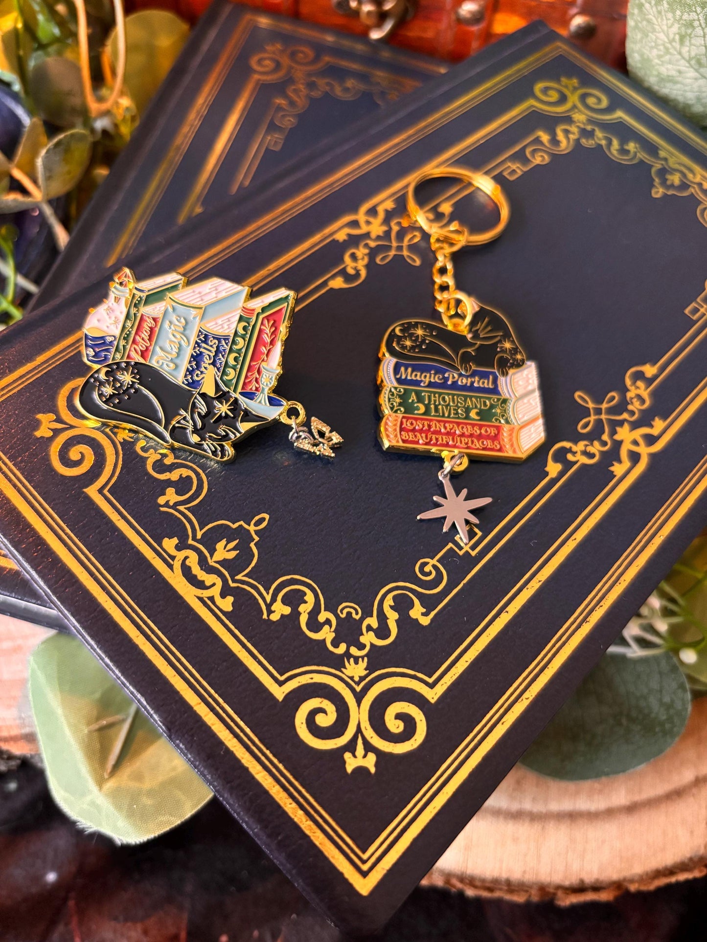 Cat Bookstack Magic Collection. Cat Pin, Keychain, Bookband and Bookmark. Enamel witchy book cat lover merch.