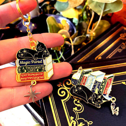 Cat Bookstack Magic Collection. Cat Pin, Keychain, Bookband and Bookmark. Enamel witchy book cat lover merch.