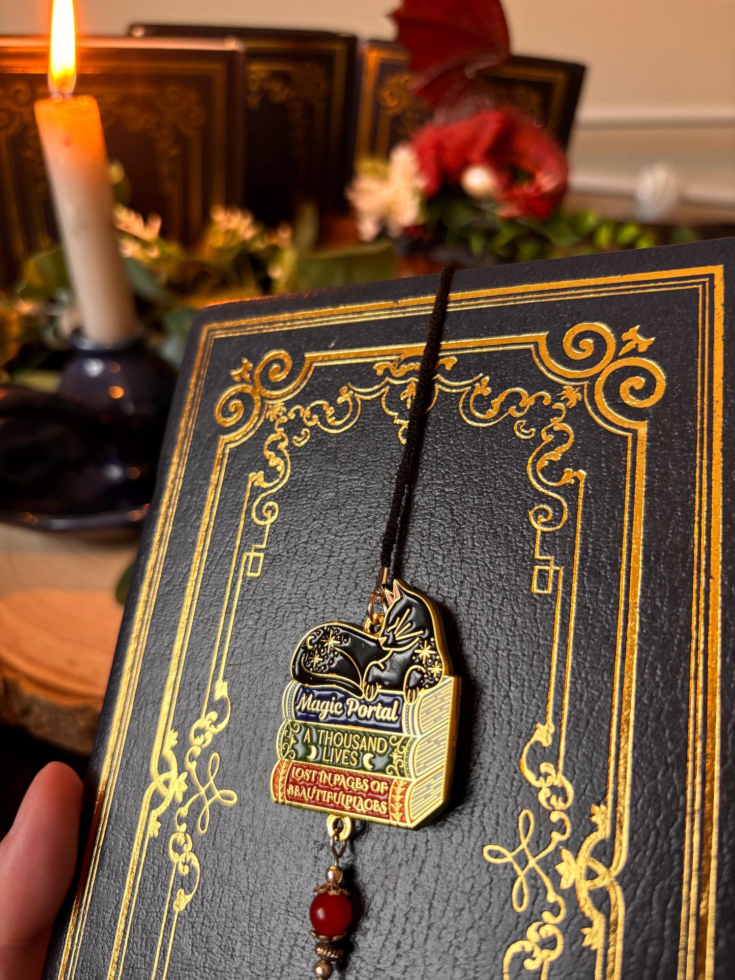 Cat Bookstack Magic Collection. Cat Pin, Keychain, Bookband and Bookmark. Enamel witchy book cat lover merch.