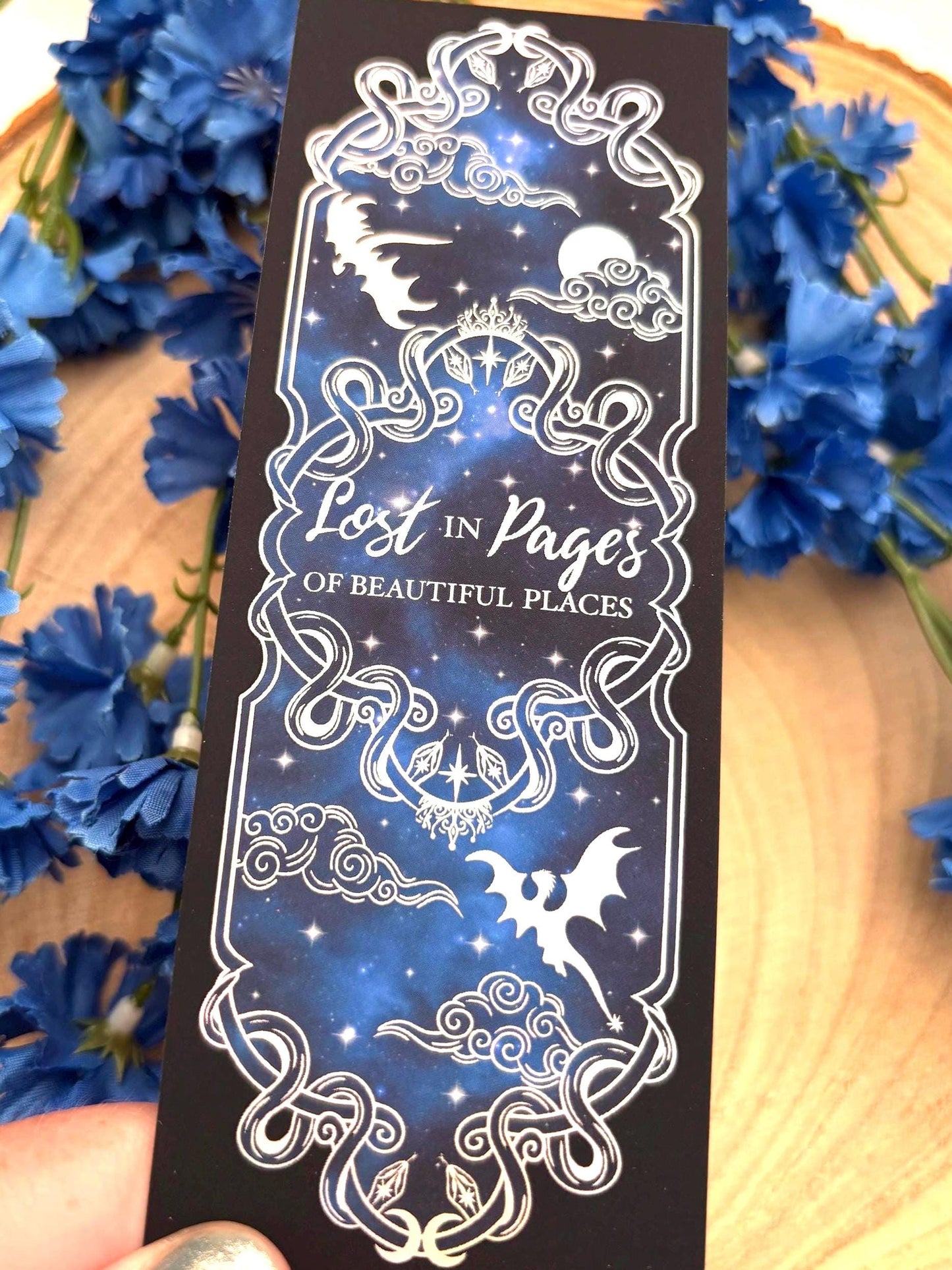 Holographic Dragon Bookmark: Celestial Night Sky Foil Art. Lost in pages of beautiful places. Fantasy bookmark.