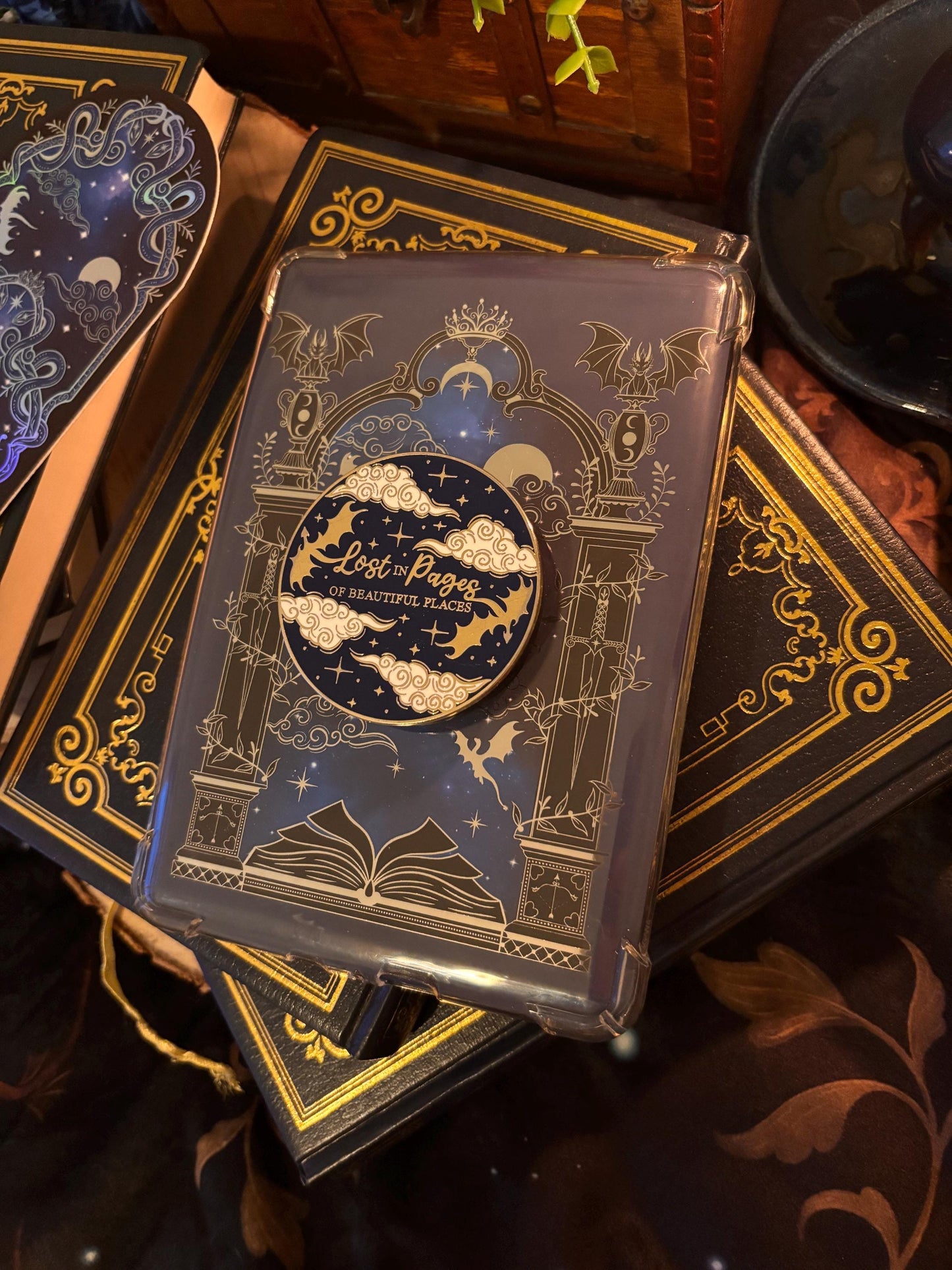 Lost in Pages of Beautiful Places Kindle/E reader foiled Insert with optional bookmark. Dragon and magic portal insert.