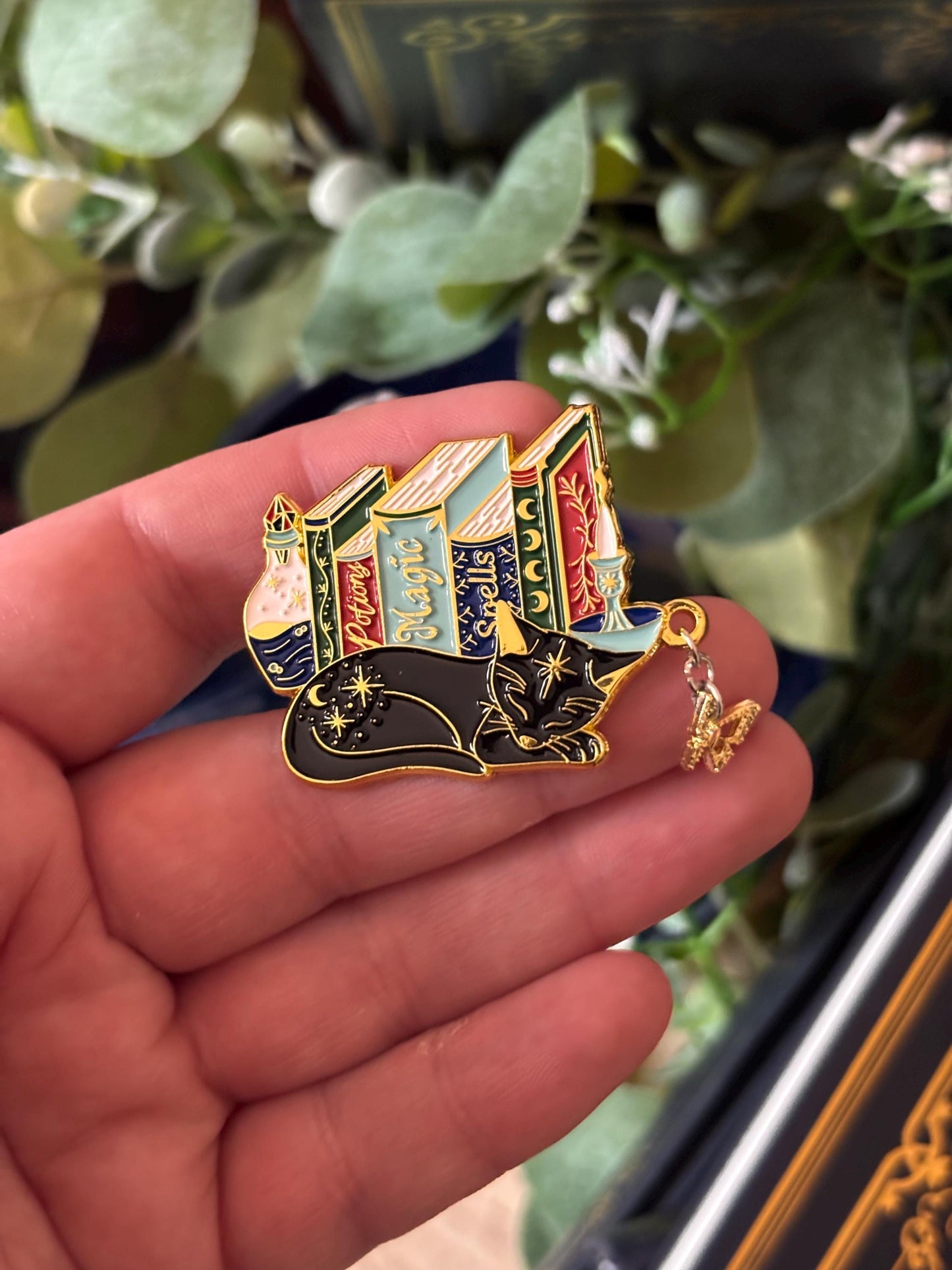 Cat Bookstack Magic Collection. Cat Pin, Keychain, Bookband and Bookmark. Enamel witchy book cat lover merch.