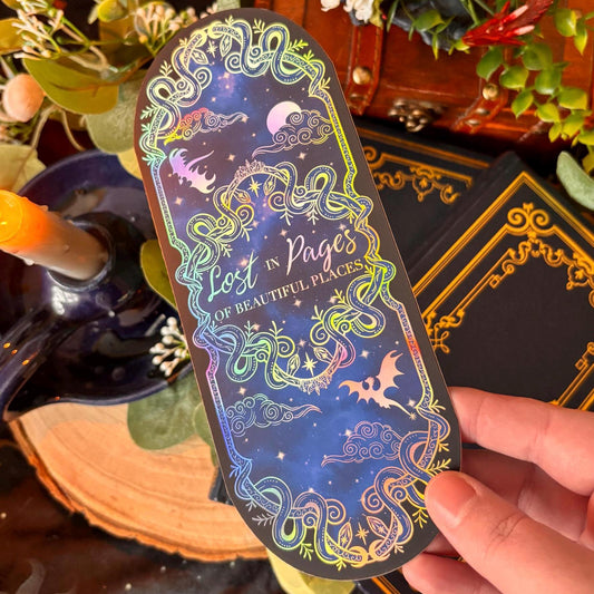 Large Fantasy Dragon Bookmark holographic: Celestial Night Sky Foil Art. Lost in pages of beautiful places. Fantasy bookmark.