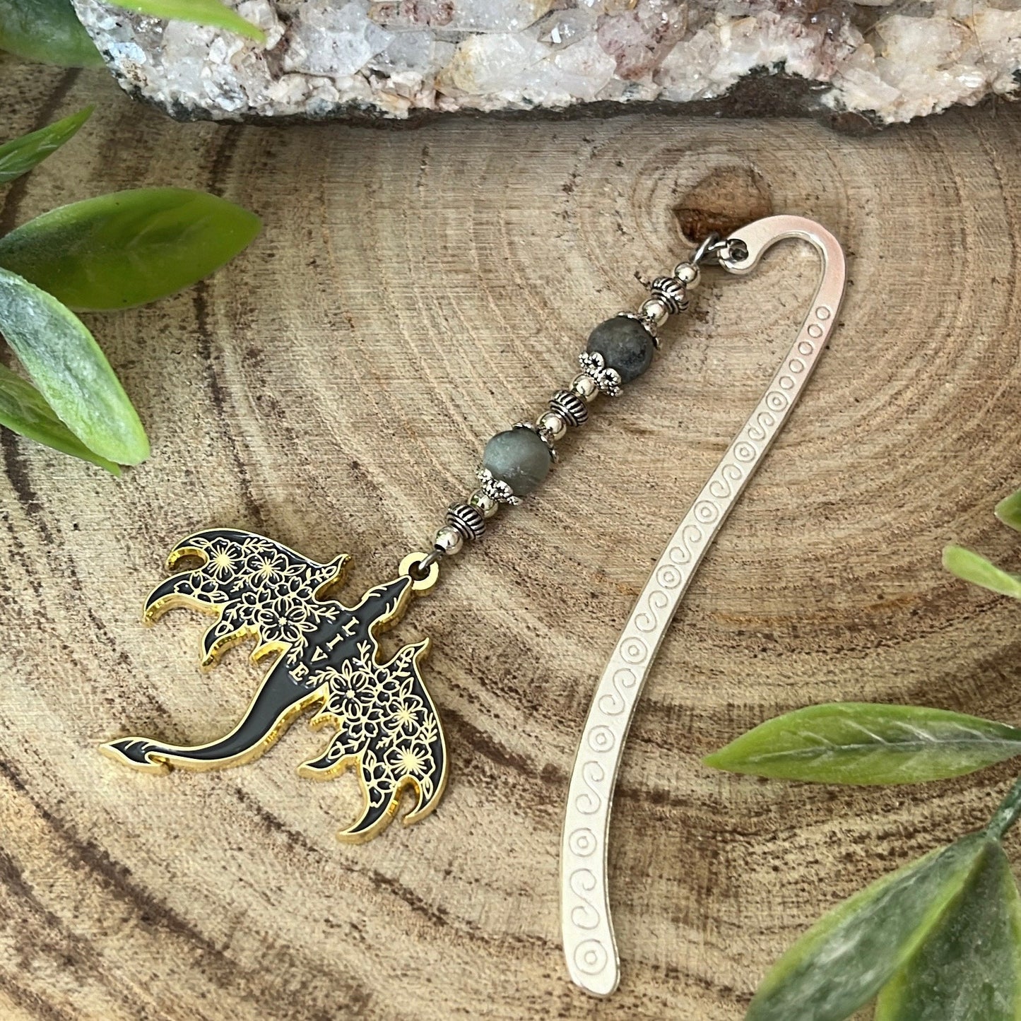 Dragon Bookmark or Keyring. Enamel Live. Floral Wyvern.
