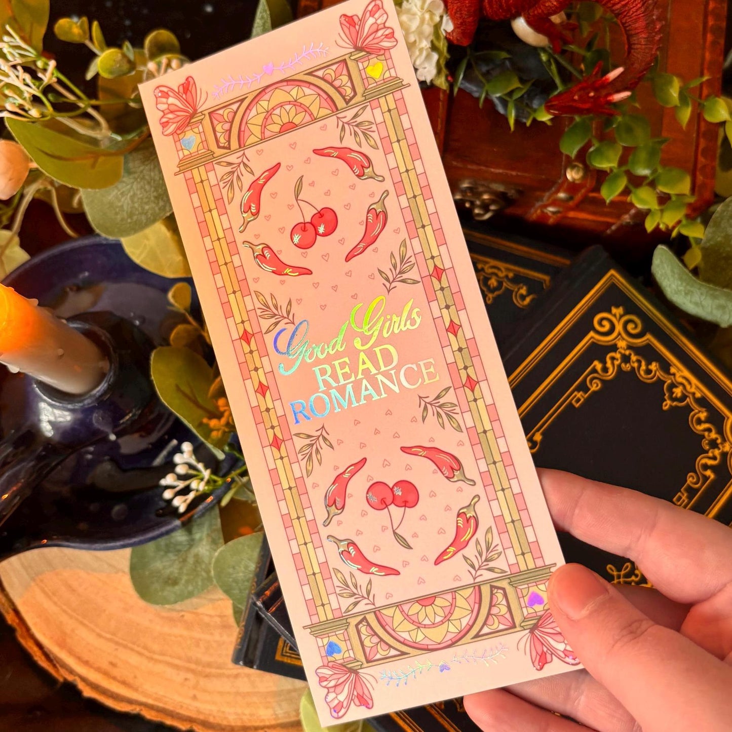 Good girls read romance bookmark - pink - holographic foil - large size