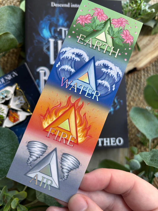 Elemental Foil bookmark and Pin Badge. Earth, Water, fire and Air. Andy Darcy Theo. The Light That Blinds Us Official Merch.
