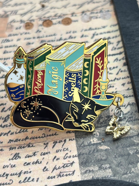 Cat Bookstack Magic Collection. Cat Pin. Enamel witchy book cat lover merch. Cat dreaming of butterflies.