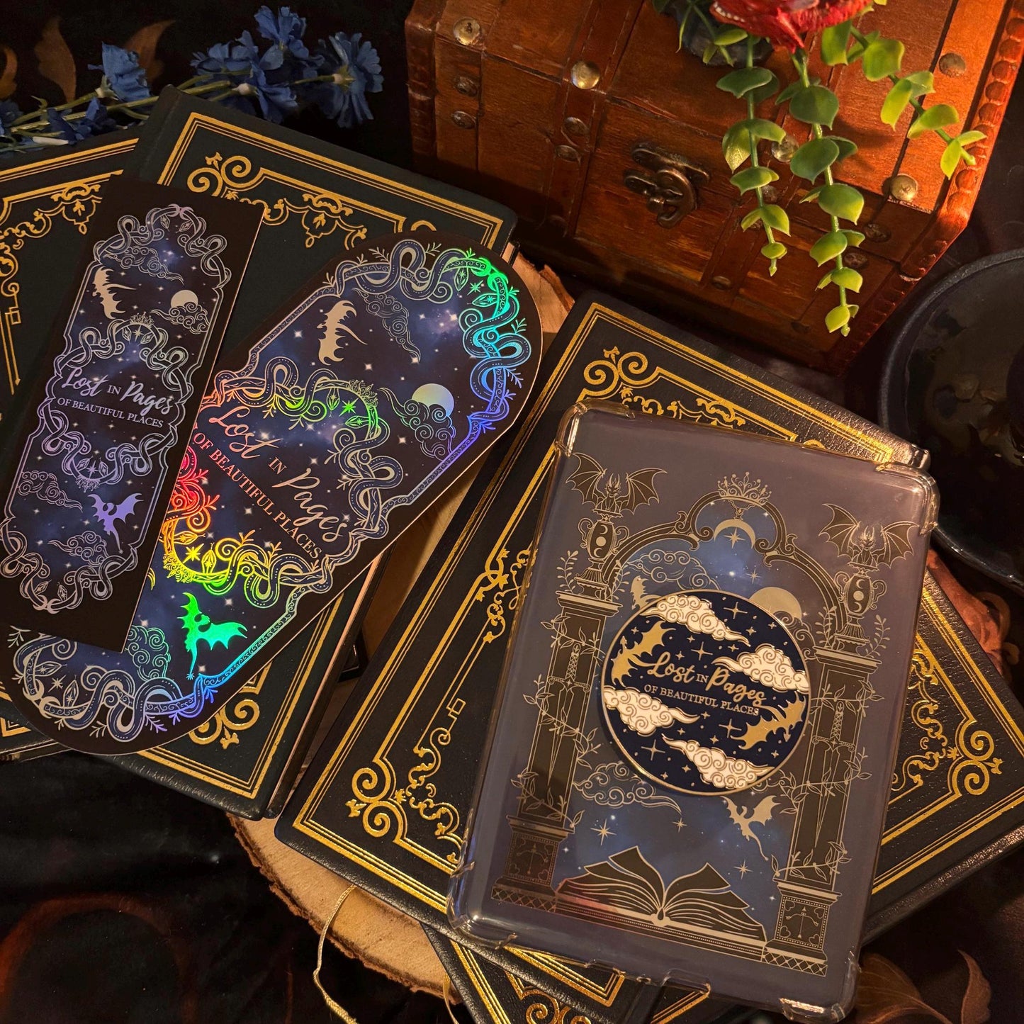 Lost in Pages of Beautiful Places Kindle/E reader foiled Insert with optional bookmark. Dragon and magic portal insert.