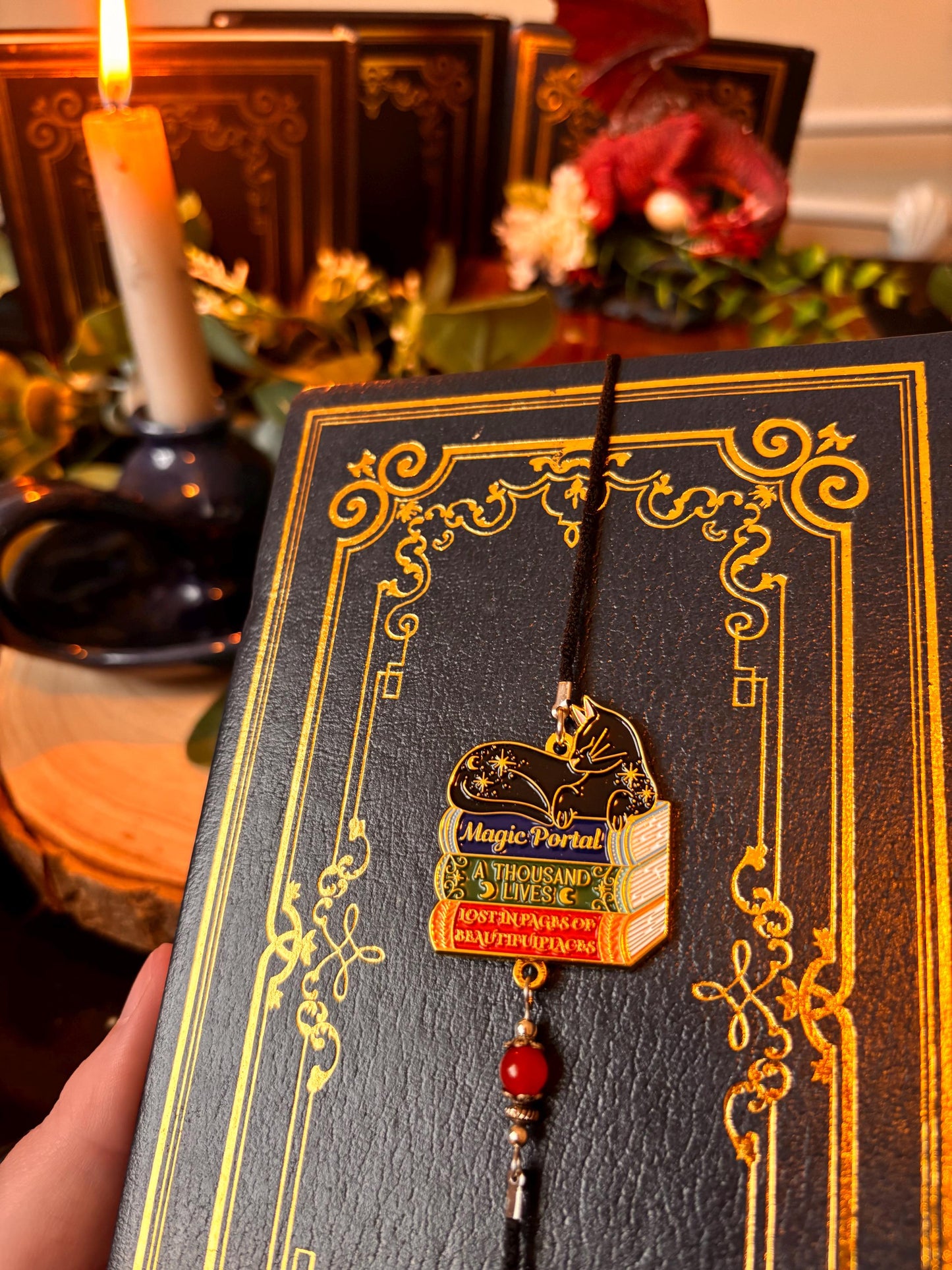 Cat Bookstack Magic Collection. Cat Pin, Keychain, Bookband and Bookmark. Enamel witchy book cat lover merch.
