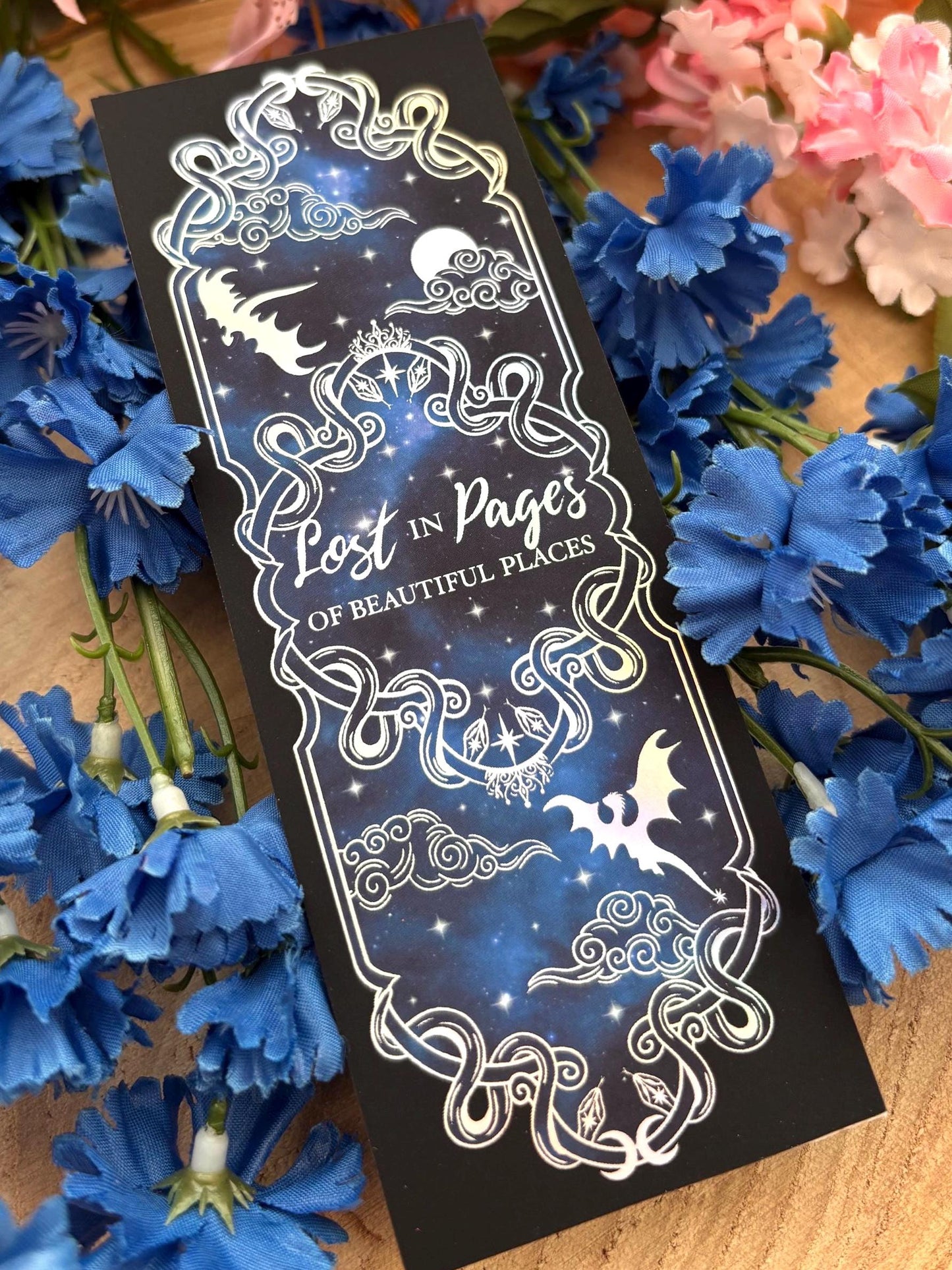Holographic Dragon Bookmark: Celestial Night Sky Foil Art. Lost in pages of beautiful places. Fantasy bookmark.