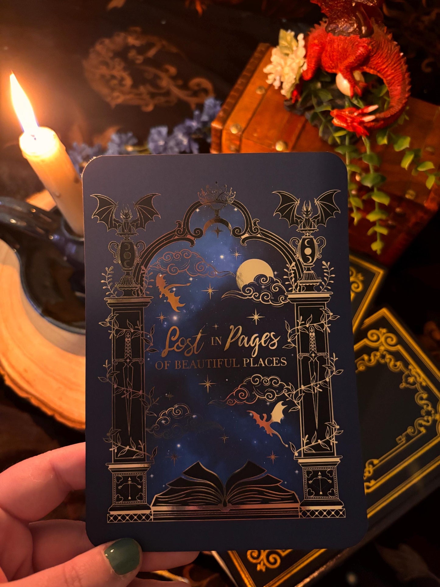 Lost in Pages of Beautiful Places Kindle/E reader foiled Insert with optional bookmark. Dragon and magic portal insert.