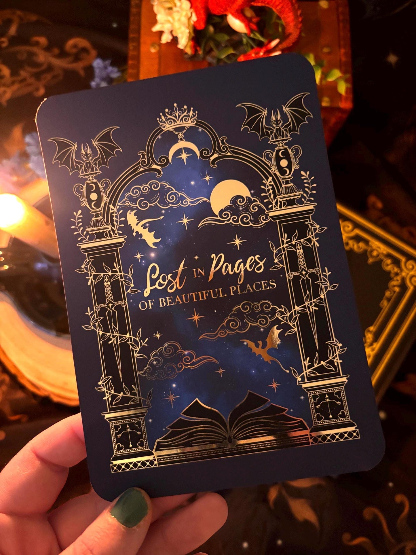 Lost in Pages of Beautiful Places Kindle/E reader foiled Insert with optional bookmark. Dragon and magic portal insert.