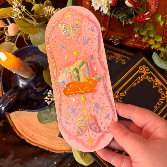 Cat Bookstack Magic Collection Bookmark. Pink holographic foiled bookmark with ginger cat.